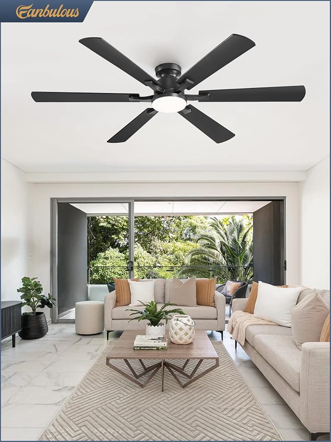 Fanbulous 60 Inch Ceiling Fan with Lights, APP & Remote Control, Flush Mount Low Profile Black Ceiling Fan, 3000-6000K Dimmable LED, Quiet Reversible Motor, 6 Blades, 6 Speeds, for Bedroom Living Room