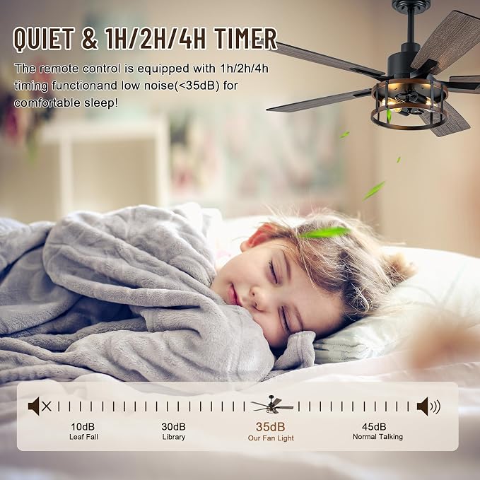 52" Farmhouse Ceiling Fans with Lights and Remote Control | Reversible Motor,5 Double Finish Wood Blades,Black Rustic Industrial Caged Ceiling Fan with Light for Living Room/Dining Room