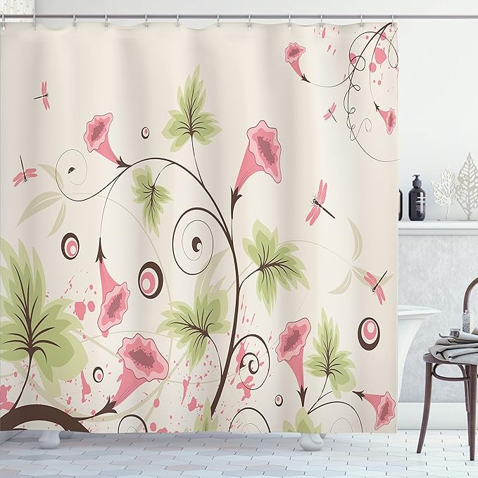 Ambesonne Dragonfly Shower Curtain, Cup Shaped Romantic Swirling Pastel Vibrant Flowers and Mature Dragonflies Print, Cloth Fabric Bathroom Decor Set with Hooks, 69" W x 70" L, Beige Pink