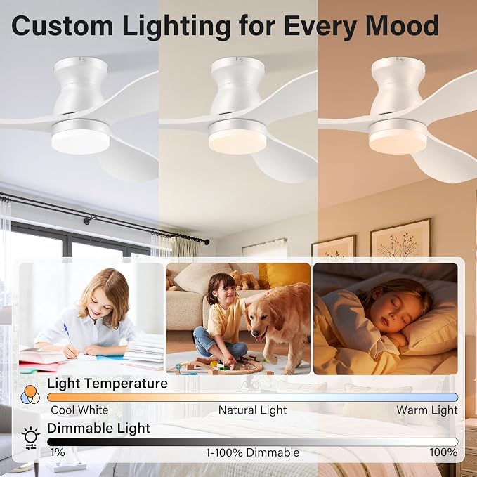 42" Wood Ceiling Fans with Lights Remote,Smart Control via Voice Alexa App,Quiet DC Motor,Flush Mount Hugger Modern Ceiling Fan for Low Profile Bedroom,Patio,Porch,Outdoor Indoor,Dim LED,3 Blade,White