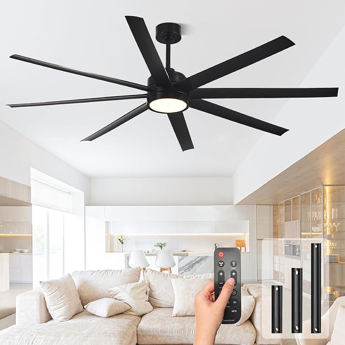 Modern Ceiling Fans with Lights, 72 Inch Ceiling Fan with Light and Remote, Bedroom Living Room Library Cafe Outdoor/Industrial,24W 6CCT Dimmable, 8 Blades 6 Speed Reversible Quiet DC Motor, Black
