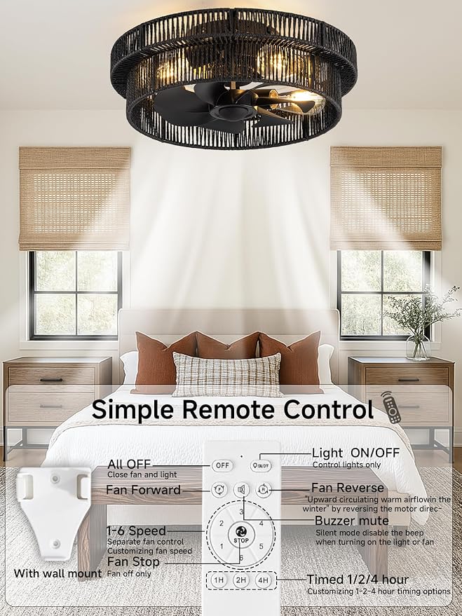 Handwoven Boho Ceiling Fans with Lights Flush Mount,Rattan Farmhouse Caged Fandelier Low Profile Enclosed Chandelier Fan with 6 Speeds for Bedroom,Nursery,Dining Room(Black)