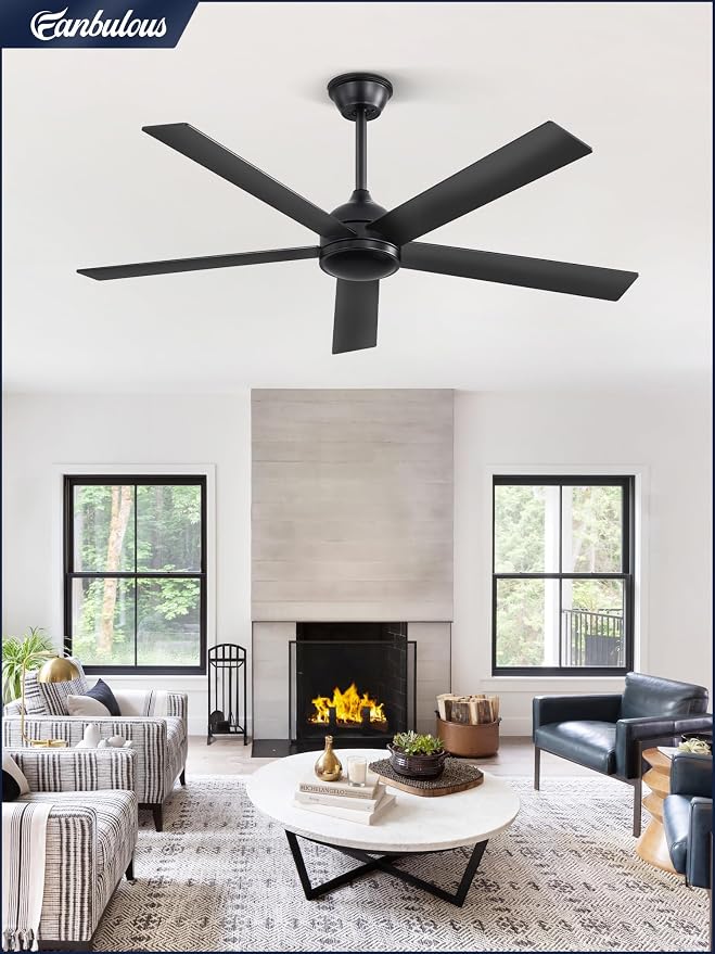 Fanbulous 52 Inch Ceiling Fans No Light with Remote, Black Indoor/Outdoor Ceiling Fan Without Light with Quiet Reversible DC Motor, 6 Speeds, 5 Blades Modern Ceiling Fan for Living Room Bedroom Patio