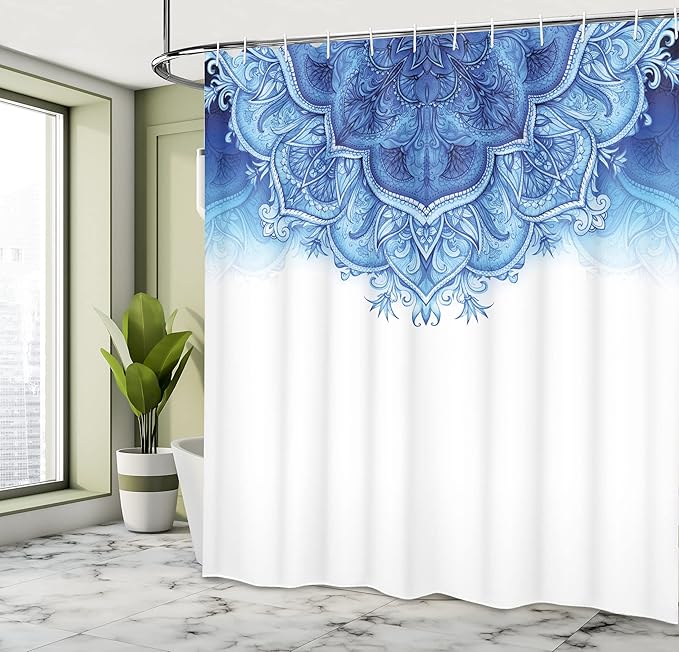 Ambesonne Moroccan Shower Curtain, Floral Artwork Vintage Style with Eastern Architectural Elements Oriental Pattern, Cloth Fabric Bathroom Decor Set with Hooks, 69" W x 75" L, White Blue