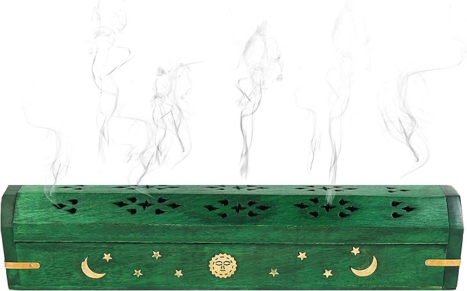 Incense Garden Pack of 2 Incense Stick Holder - Coffin Style - Wood Incense Stick Burner with Sun Moon Star Handmade with Brass Inlays (Green)