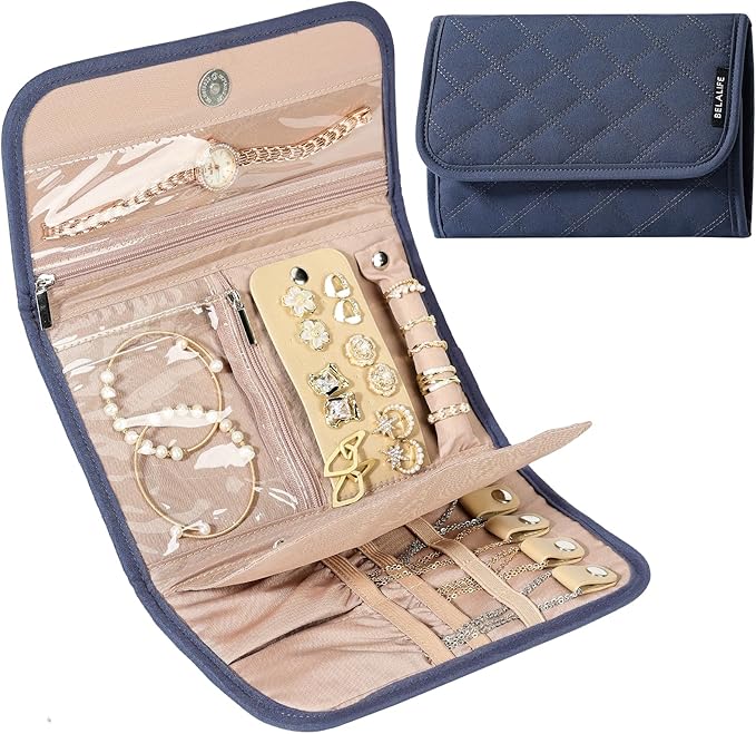 BELALIFE Travel Jewelry Case, Jewelry Organizer Roll for Accessories | Bag with foldable roll design for earrings, necklaces, rings, bracelets and brooches, Blue-Gray