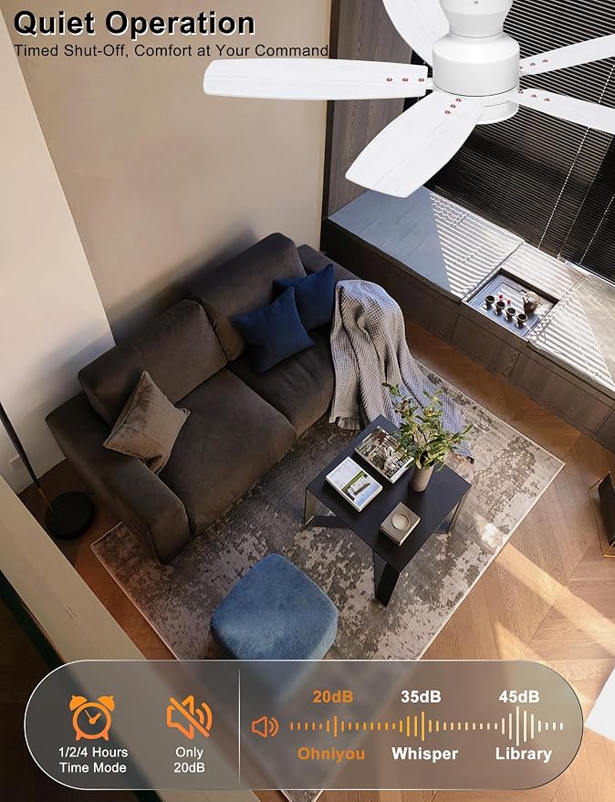 Ohniyou Ceiling Fans with Lights, 42'' Low Profile Ceiling Fan with Light and Remote/APP Control, Modern Flush Mount Ceiling Fan for Indoor Bedroom Kitchen, Dimmable, Quiet DC Motor, White