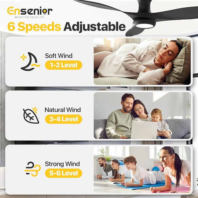 Ensenior 52 Inch Flush Mount Ceiling Fan with Light and Remote, Black Low Profile Ceiling Fans with Lights for Bedroom Living Room, 3 ABS Blades, Modern Quiet Reversible DC Motor, 3CCT, 6 Speeds