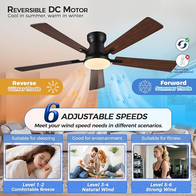 Ayaoty Ceiling Fans with Lights,52 Inch Low Profile Ceiling Fan with Light-Flush Mount Dimmable, Quiet DC Motor for Outdoor Patio,Garage,Bedroom Brown