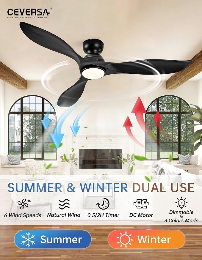 52 Inch Flush Mount Ceiling Fans with Lights and Remote,Black Low Profile Ceiling Fan with Light,3 Blade,Dimmable,Quiet Noiseless DC Motor for Patios,Living Room,Bedroom(Wall Control Switch)