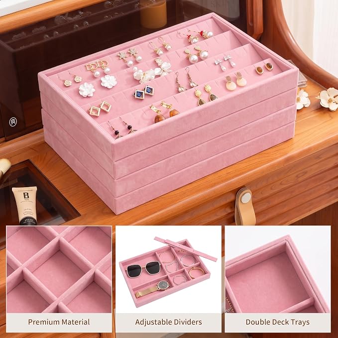 Frebeauty Jewelry Trays for Drawer,Set of 4 Jewelry Organizer and Storage | Velvet Material,Stackable,Adjustable Dividers,Drawer Inserts for Rings Studs Bracelet,Earring Organizer for Women Girls