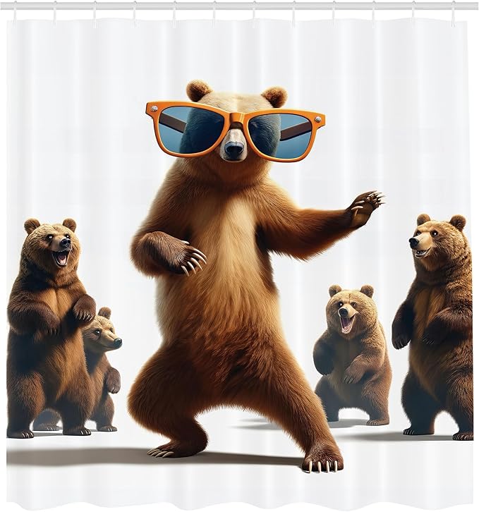 Ambesonne Funny Bear Shower Curtain, Dancing Grizzly with Huge Orange Glasses Cool Pose to Friends Illustration, Cloth Fabric Bathroom Decor Set with Hooks, 69" W x 84" L, Chocolate White