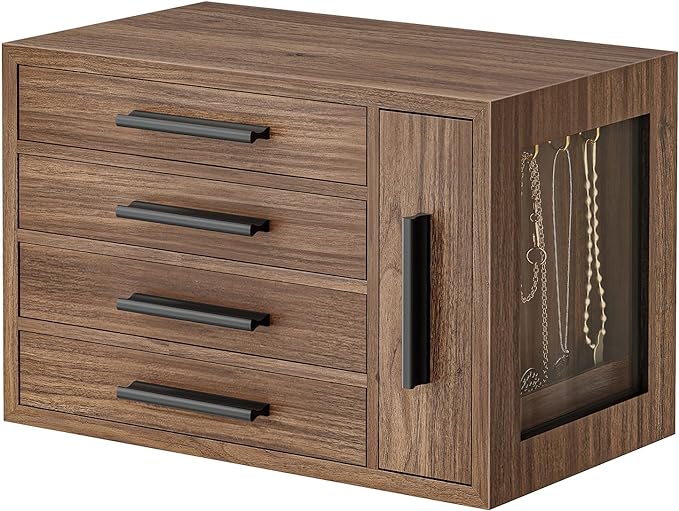 HOOBRO Jewelry Box for Women, Wooden Jewelry Organizer with Transparent Window, 4-Layer Jewelry Organizer Box, Jewelry Holder Organizer for Earrings, Necklaces, Rings, Walnut and Black BH09JB04