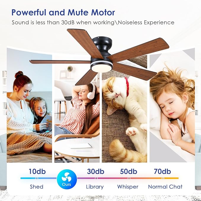 Brown RGB Ceiling Fans with Lights - 46" Flush Mount Ceiling Fan with Remote APP, RGB+3CCT Dimmable Led Light, Reversible 6 Wind Speeds&2H Timer, Low Profile Modern Fan Light Fixture for Bedroom Party