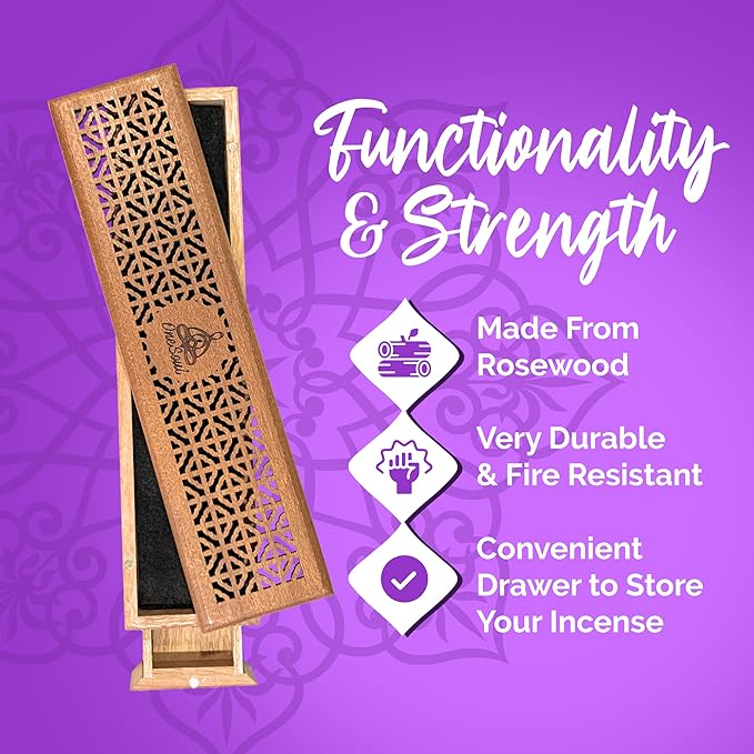 Bamboo Ash Catcher & Incense Burner Holder, Wooden Incense Holder for Incense Sticks with Storage Drawer, OneSoul Collection