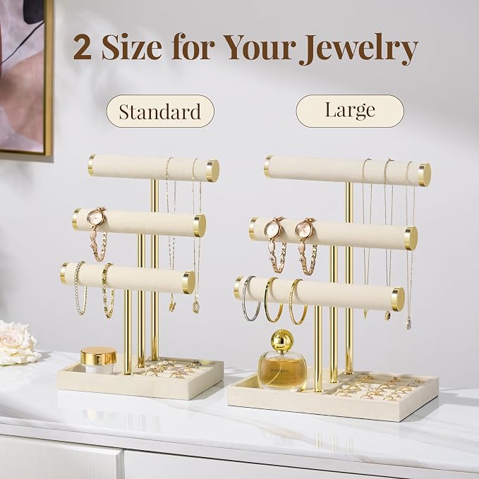 Jewelry Organizer Stand Display, 3 Tier Velvet Bracelet Holder, Beige | Jewelry Organizers and Storage | Jewelry Tree | Jewelry Towers for Necklaces, Bracelets, Earrings, Rings