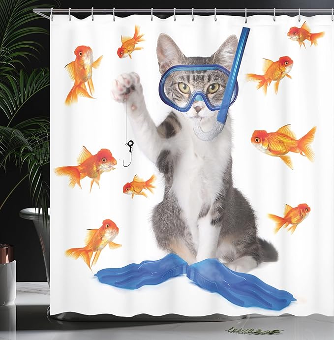 Ambesonne Cat Shower Curtain, Modern Spin on The Term Fishing Curiosity Goldfish Hunting Humorous Art, Cloth Fabric Bathroom Decor Set with Hooks, 69" W x 75" L, Blue Orange