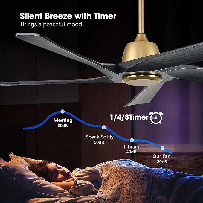 60" Black and Gold Ceiling Fan No Lights, Remote and APP Control, 6-speed Reversible, Quiet DC Motor, Wood Ceiling Fans for Bedroom, Living Room, Office, Outdoor Patio
