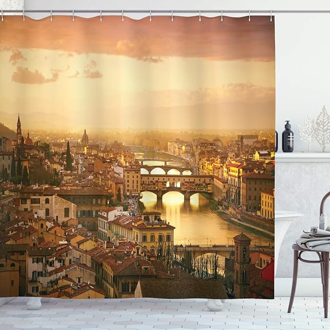 Ambesonne Scenery Shower Curtain, Bridge Ponte Vecchio Italy Bird Eye Sunset View Castle Houses Historic Cityscape, Cloth Fabric Bathroom Decor Set with Hooks, 69" W x 70" L, Sand Brown
