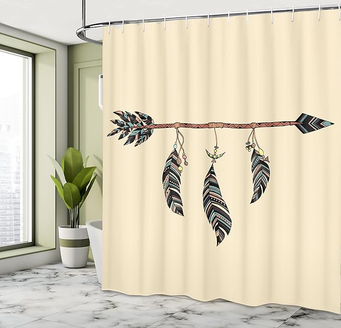 Ambesonne Arrows Shower Curtain, Arrow in Ethnical Pattern with Feathers Native Tribal Design Print, Cloth Fabric Bathroom Decor Set with Hooks, 69" W x 75" L, Beige Black