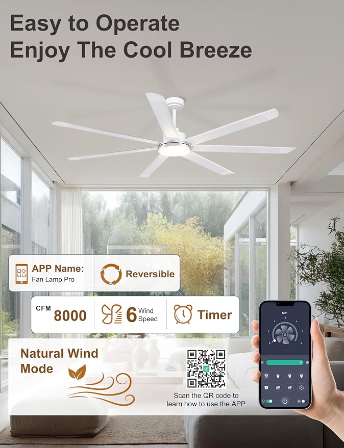 Ohniyou 72'' Industrial Ceiling Fan with Light for Patio, Garage, White | 8000 CFM Airflow, 35dB DC Motor, 7 Aluminum Blades, 3CCT Dimming, Remote/APP Control, Covered Outdoor Metal Fan
