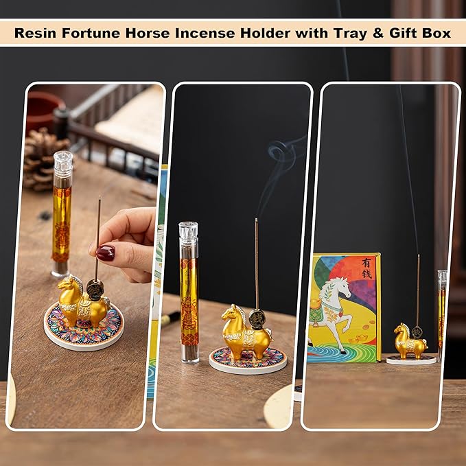 Horse Incense Burner-Resin Fortune Horse Incense Holder with Tray & Gift Box,Aromatherapy Decor for Yoga, Meditation,Home Office,Horse Lover Gift (Golden)