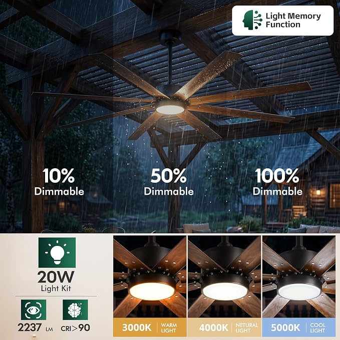 65 Inch Waterproof Outdoor Ceiling Fan with Light, All Weather Wet Rated 8 Aluminum Blades, 8421 CFM High Airflow Quiet DC Fan, Smart Alexa/App/Remote Control, for Patio Porch Gazebo, Modern Farmhouse