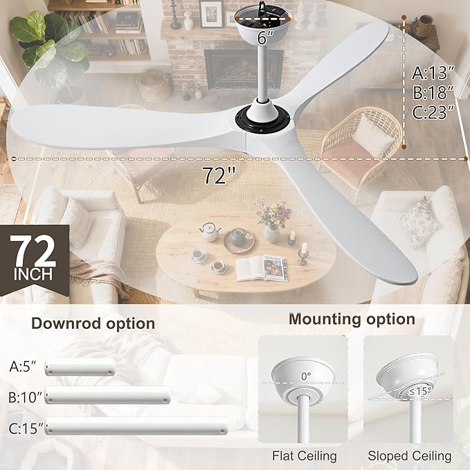 72 inch White Ceiling Fan with Light and Remote, Large Modern Outdoor Ceiling Fans with Lights for Patios Porch Indoor Living Room Bedroom Wood 3 Blade Propeller High CFM Damp Rated Fan