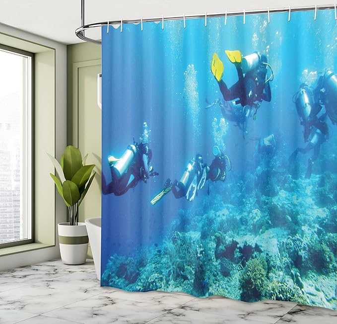 Ambesonne Ocean Shower Curtain, Scuba Diver in Ocean with Stones Rocks Fish Moss and Bubbles Art Photo, Cloth Fabric Bathroom Decor Set with Hooks, 69" W x 70" L, Sky Blue