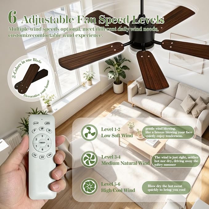 Ceiling Fans with Lights, 52 Inch Low Profile Ceiling Fan and Remote Control, Dual-Sided Blades, 6 Speed Fan, Dimmable Light Flush Mount Ceiling Fan for Bedroom Living Room, Black