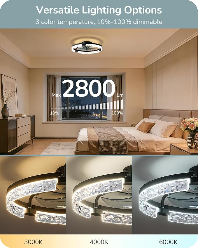 EDISHINE Ceiling Fans with Lights and Remote, 20'' Low Profile Ceiling Fan, 3000-6000K Dimmable, 6 Speeds LED Modern Flush Mount Fan Light, DC Motor, APP Control, Black Fandelier for Bedroom, Kitchen