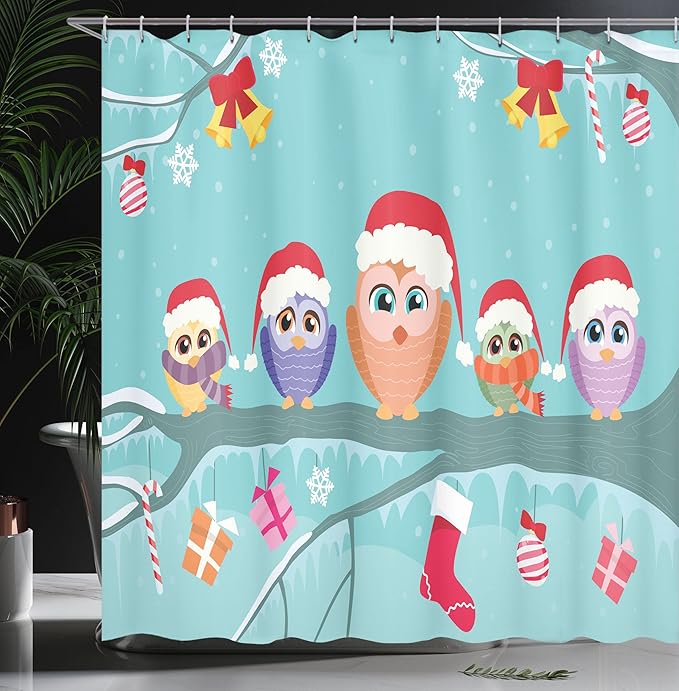 Ambesonne Christmas Shower Curtain, Owl Family Sitting on Tree Branch Like Little Elves of Noel Animal Design, Cloth Fabric Bathroom Decor Set with Hooks, 69" W x 84" L, Multicolor
