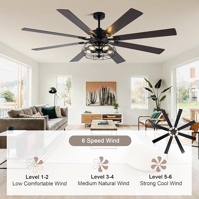 72" Farmhouse Ceiling Fan with Light Industrial Caged Ceiling Fan | Large Rustic Fandelier, Black Metal Chandelier Light for Living Room Covered Outdoor, 5 E26 Bulbs (Not Included), 6 Speeds