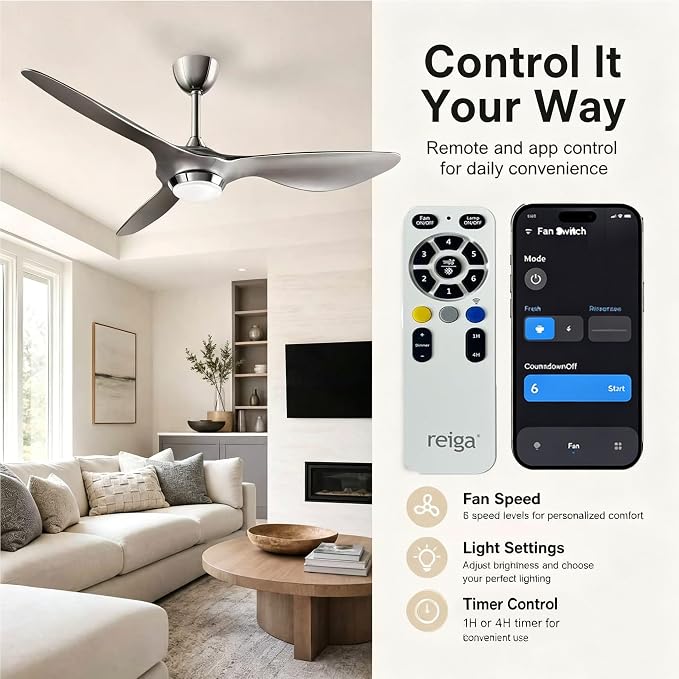 reiga Silver 52" Smart Ceiling Fan with Light, Quiet DC Bedroom 3 Blade Fan | Silent reversible motor, dimmable 3CCT LED light; remote/WiFi/voice control, 6&10in downrods, ETL certified for living room