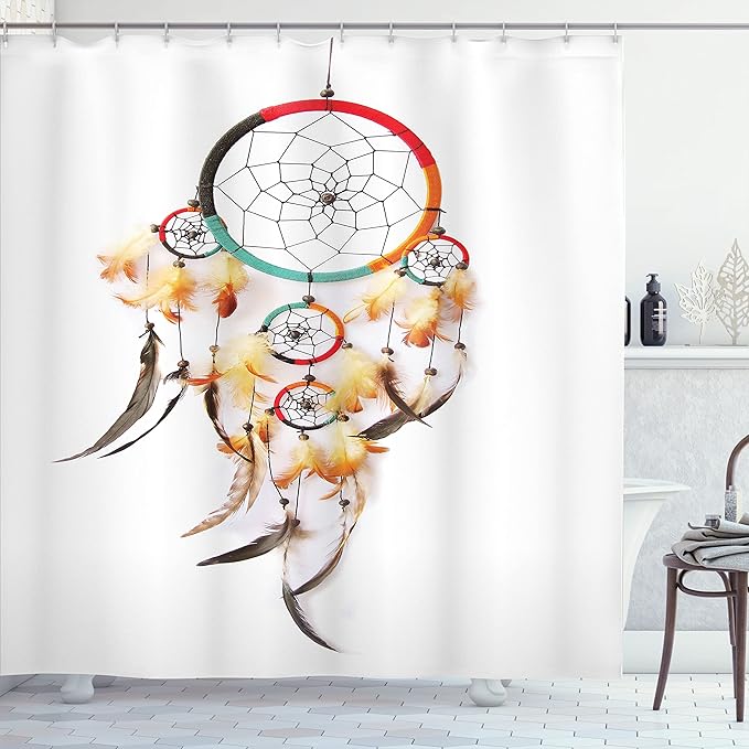 Ambesonne Tribal Shower Curtain, Retro Style Bohemian Dreamcatcher Image Indigenous Culture Feather, Cloth Fabric Bathroom Decor Set with Hooks, 69" W x 84" L, White Pale Yellow Red