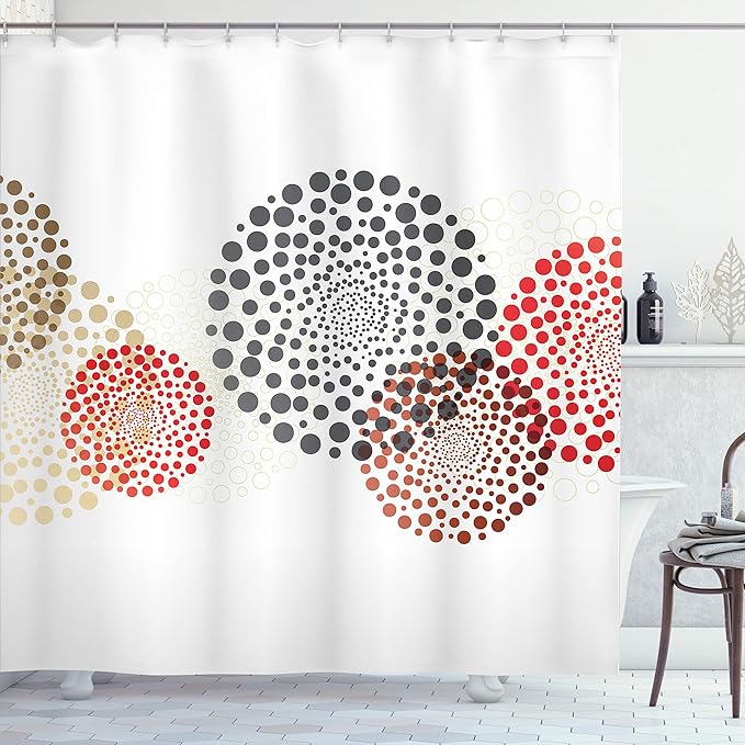 Ambesonne Abstract Shower Curtain, Modern and Cool Design with Abstract Dots Like and Circled Design Artwork, Cloth Fabric Bathroom Decor Set with Hooks, 69" W x 70" L, Red Grey