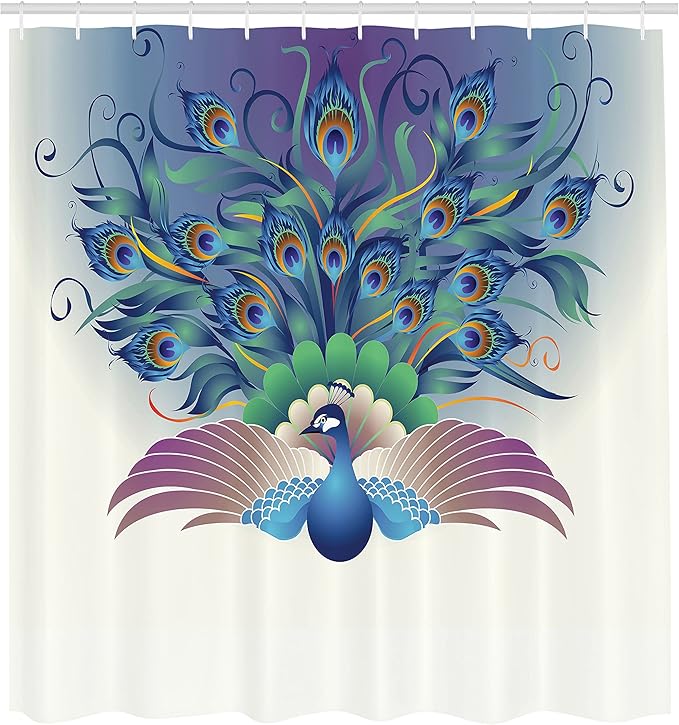 Ambesonne Peacock Shower Curtain, Ornate Peacock with Majestic Tail Feather Dangling Around Birds Wing Illustration, Cloth Fabric Bathroom Decor Set with Hooks, 69" W x 70" L, Ceil Blue