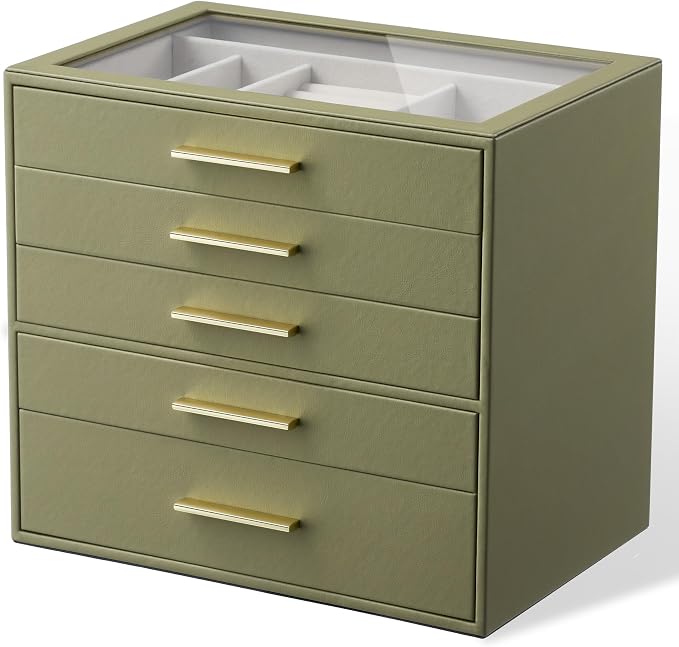 Jewelry Box Organizer Case for Women: 5-Layer Jewelry Storage Case with Glass Window, Olive Green Leather with Cream Velvet, Holder for Ring Necklace Bracelet Brooch Watch, Great Gift for Her