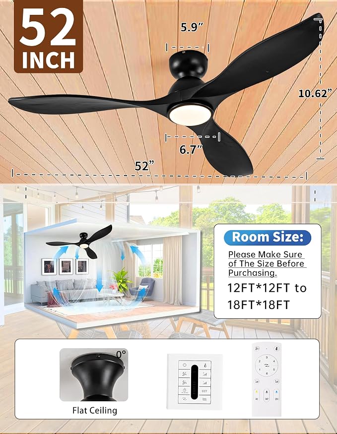 52 Inch Flush Mount Ceiling Fans with Lights and Remote,Black Low Profile Ceiling Fan with Light,3 Blade,Dimmable,Quiet Noiseless DC Motor for Patios,Living Room,Bedroom(Wall Control Switch)