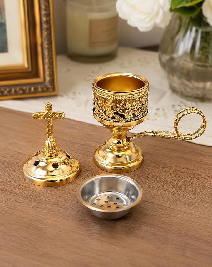 Yawlsow Incense Burner, Frankincense Charcoal Incense Stand, Bakhoor Incense Burner Holder, Ideal for Aromatherapy, Yoga and Spa, Home and Christian Church Censer, (Gold)