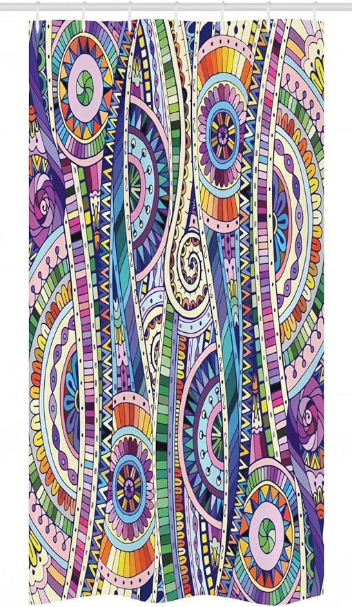 Ambesonne Floral Stall Shower Curtain, Geometric Mosaic Style Colorful Illustration Flower Pattern Ornamental Doodle Art, Fabric Bathroom Decor Set with Hooks, 36" W x 72" L, Purple Green