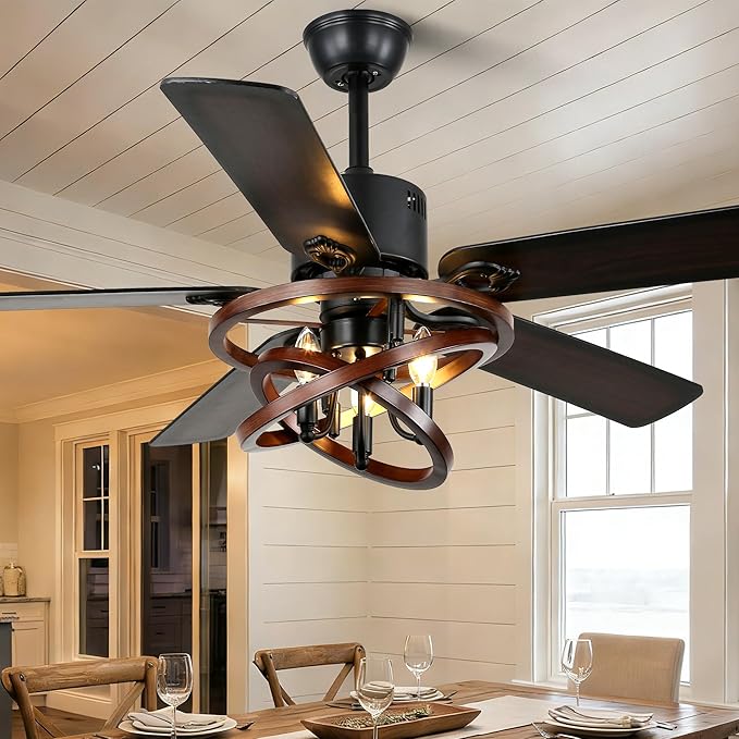 52" Adjustable Wood Grain Iron Cage Ceiling Fans with Lights | Industrial Farmhouse Ceiling Fan with 5 Reversible Dual-Color Blades,DC Quiet Motor,6 Speeds,Timer for Bedroom Living Room
