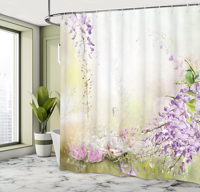Ambesonne Lavender Shower Curtain, Painting Style Floral Composition Spring Inspired Garden Plants, Cloth Fabric Bathroom Decor Set with Hooks, 69" W x 70" L, Lavender Green Cream
