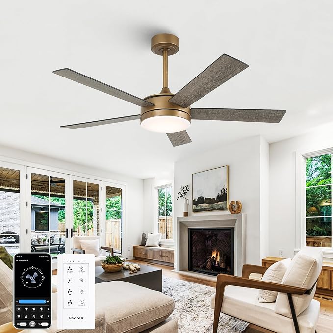 48 Inch Gold Ceiling fans with Lights and Remote/APP, Modern Black and Gold Ceiling Fan for Indoor Bedroom Living Room with 3CCT, Reversible DC Motor, 6 Speeds, Timer, 5 Wood Grain Blades