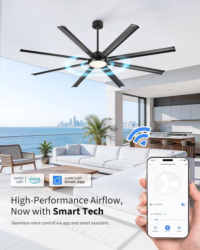 84 Inch Industrial Ceiling Fan with Light, Large Ceiling Fan with 8 Aluminum Blades, Works with Alexa, 6-Speed Reversible DC Motor, 3 CCT Settings, Ideal for Covered Outdoor Spaces, CF04BK-84