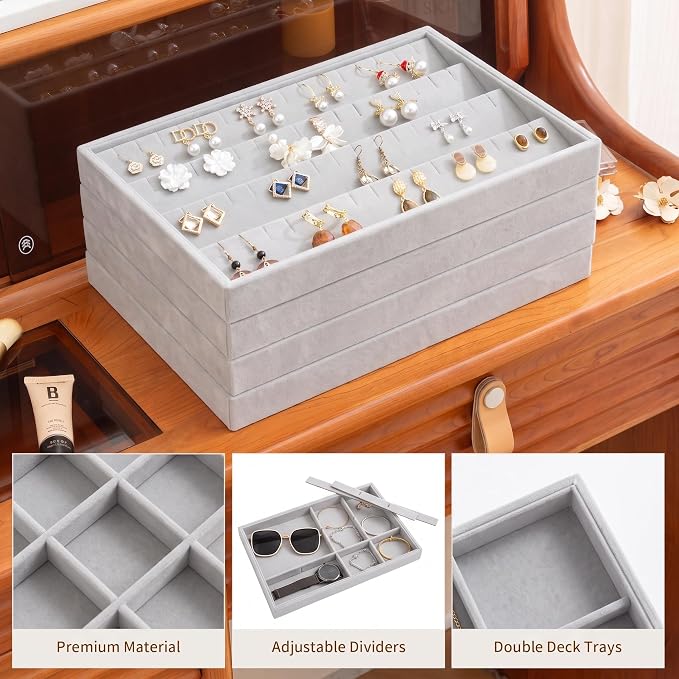 Frebeauty Jewelry Trays for Drawer,Set of 4 Jewelry Organizer and Storage | Velvet Material,Stackable,Adjustable Dividers,Drawer Inserts for Rings Studs Bracelet,Earring Organizer for Women Girls