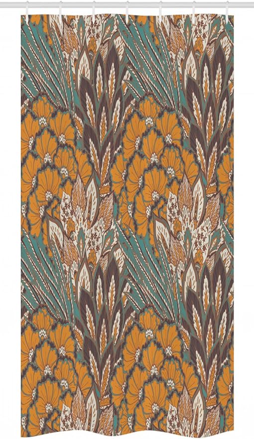 Ambesonne Floral Stall Shower Curtain, Pattern of Flowers and Peacock Feathers Floral Arrangement Art, Fabric Bathroom Decor Set with Hooks, 36" W x 72" L, Petrol Blue Pale Coffee