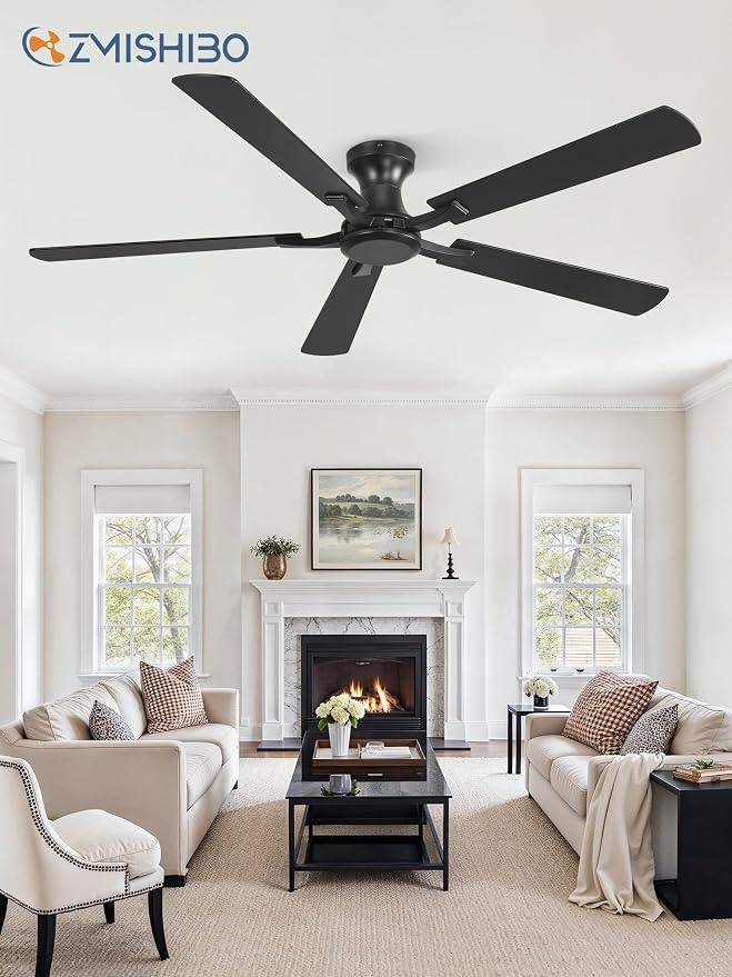ZMISHIBO 60 Inch Ceiling Fan No Light, Flush Mount Low Profile, Modern Black Ceiling Fan Without Light, Remote Control & Quiet DC Motor, for Indoor&Outdoor, Bedroom, Living Room