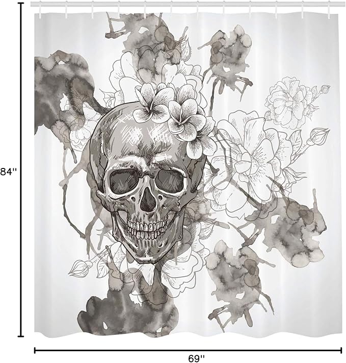 Ambesonne Day of The Dead Shower Curtain, Painting Skull Flowers Dia de Los Muertos Designed Print, Cloth Fabric Bathroom Decor Set with Hooks, 69" W x 84" L, Dimgrey and White