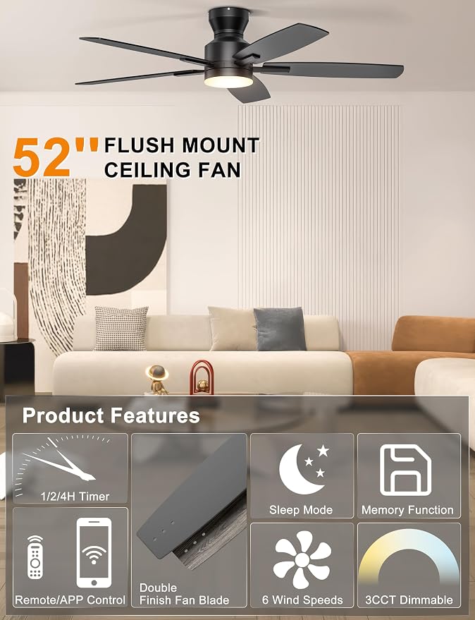 Ohniyou Ceiling Fans with Lights, 52'' Low Profile Ceiling Fan with Light and Remote/APP Control, Modern Flush Mount Ceiling Fan for Indoor Bedroom Living Room, Dimmable, Quiet DC Motor, Black